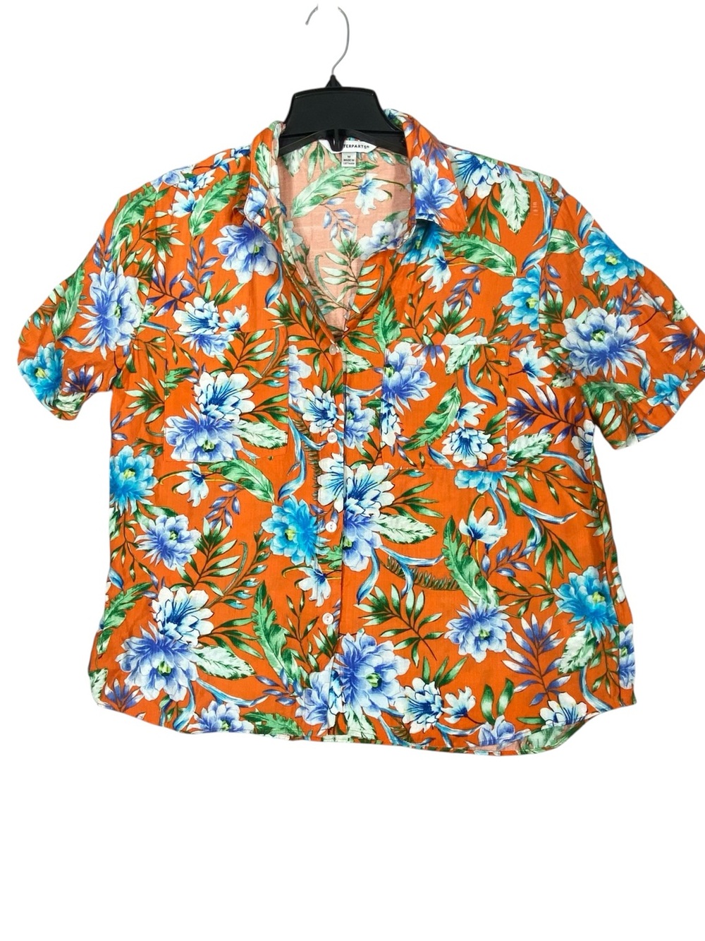 Counterparts Hawaiian Floral Button Up Women M Vibrant Orange Short Sleeve Aloha